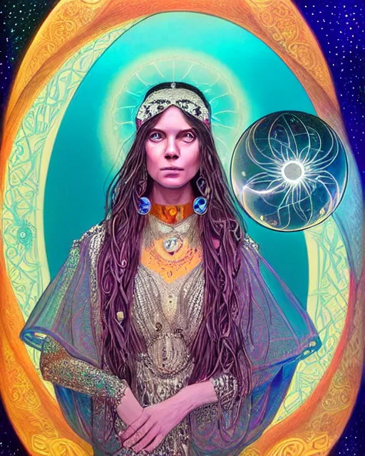 Image similar to portrait of an ethereal gypsy woman with detailed eyes, crystal ball, glowing face, in space with a half moon, photorealistic, colorful dress, in the style of ilya kuvshinov, donato giancola, holographic undertones, art nouveau zodiac galaxy background, intricate, flowing dress, smooth, sharp focus, dramatic lighting, illustration, hdr, artgerm