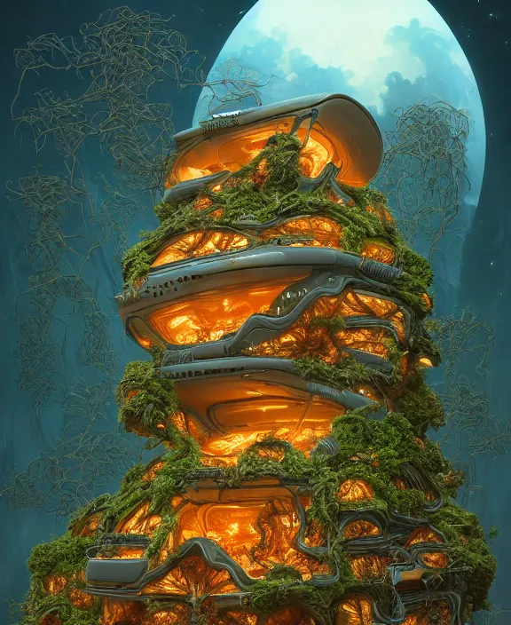 Prompt: an elegant dollhouse made out of exotic fungus, overgrown with weird fungus and tendrils, spaceship, sci - fi, robots, sleek, partly cloudy, hell, fire, brimstone, lava, by dan mumford, yusuke murata, makoto shinkai, ross tran, cinematic, unreal engine, cel shaded, featured on artstation, pixiv