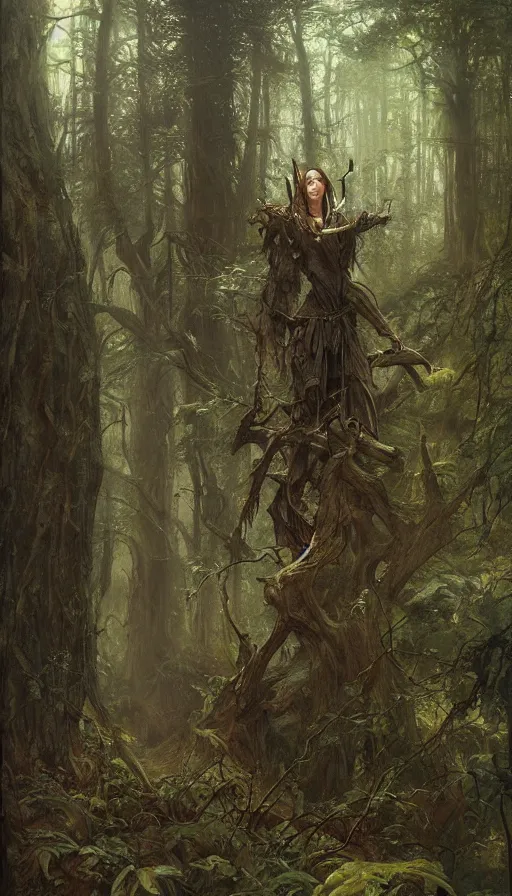 Prompt: Realistic painting of a high fantasy wood elf wizard in a magical forest clearing by John Howe, Greg Rutkowski, Frank Frazetta, Artgerm, Donato Giancola, Christophe Vacher, dramatic lighting