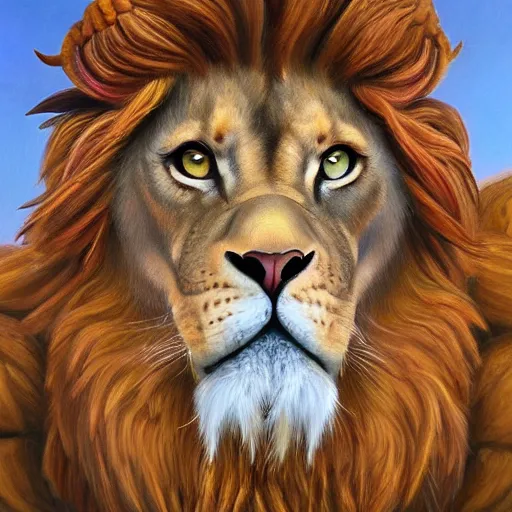 Image similar to a realistic oil painting portrait of a winged lion with an eagle head, highly detailed, trending on artstation, by james gurney and michael whelan