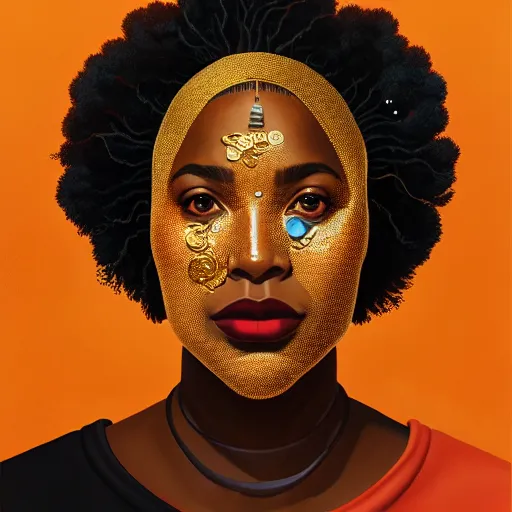 Image similar to portrait of a black woman :: side profile :: blood :: background sea :: intricate details in gold :: oxygen implant :: 8k :: simon stalenhag and Sandra Chevrier