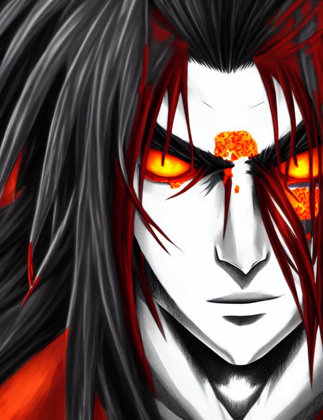 Image similar to a detailed manga portrait of a shadowy dark handsome boy with long crimson hair and glowing orange eyes and fangs, lurking in the shadows, trending on artstation, digital art, 4 k resolution, detailed, high quality, sharp focus, hq artwork, coherent, insane detail, character portrait