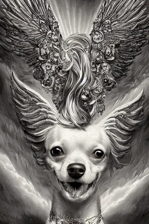 Image similar to God had dog Chihuahua's head, a radiant halo and wings, detailed face, gorgeous, flowing hair, very muscular male body, partial anatomy, stormy and grand war scene, delicate and intricate borders for decoration, caesar victorious, proud Emperor, split lighting, character close-up, intricate, highly detailed, 8K, digital painting, fantasy, concept art, sharp focus, art by greg rutkowski beeple and alphonse mucha