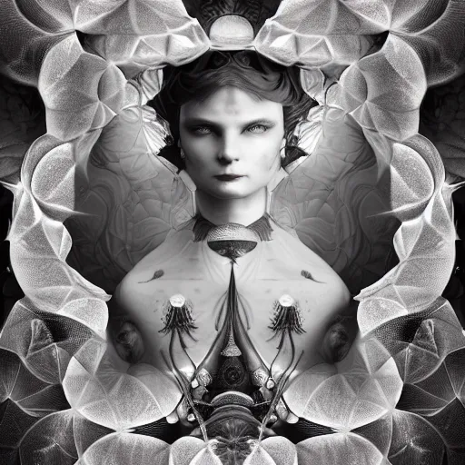 Image similar to tom bagshaw, soft painting fractal curiosities carnival, symmetry accurate features, focus, very intricate ultrafine details, black white purple volumetric lights, award winning masterpiece, octane render 8 k hd