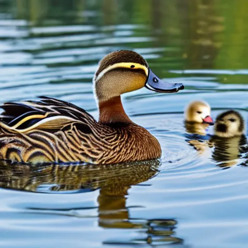 Prompt: a duck and her ducklings swimming in a pond.