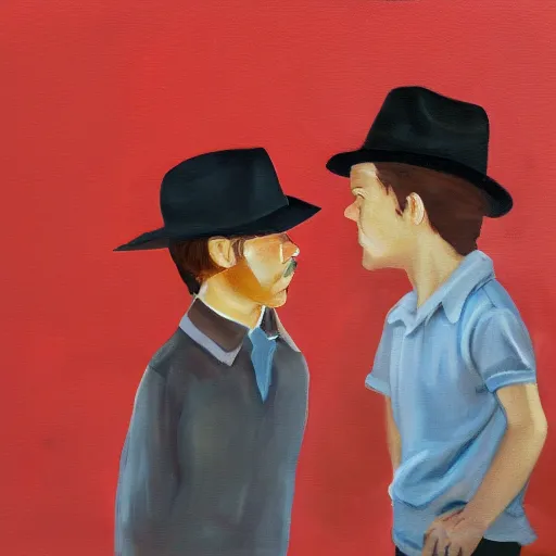 Prompt: a man with brown hair, mustache with a fedora hat, standing next to a boy with a red shirt a messy brown hair painting