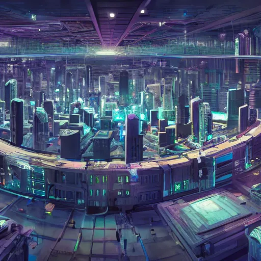 Image similar to large group people in a huge warehouse, gathered around a hologram of futuristic city on a table | cinematic concept art | godrays | 4 k | clear details | tabletop | tabletop