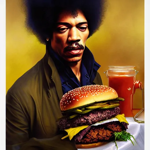 Prompt: portrait of Jimi Hendrix eating hamburgers, extra onions and ketchup, luscious patty with sesame seeds, feminine ethereal, handsome, D&D, fantasy, intricate, elegant, highly detailed, digital painting, artstation, concept art, matte, sharp focus, illustration, art by Artgerm and Greg Rutkowski and Alphonse Mucha