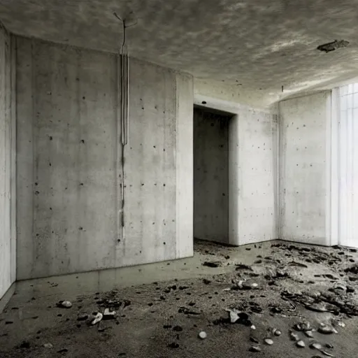 Prompt: an abandoned modern art deco room in a concrete building, few plants, dreamy, overcast, by hans bellmer