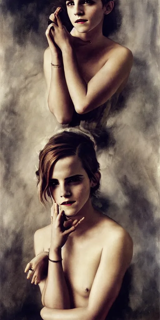 Image similar to emma watson detailed portrait hands painting by gaston bussiere craig mullins j. c. leyendecker photograph by richard avedon peter lindbergh annie leibovitz