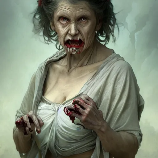 Prompt: elderly zombie woman, intricate, art by artgerm and greg rutkowski and alphonse mucha and william - adolphe bouguereau, high detailed, 4 k,