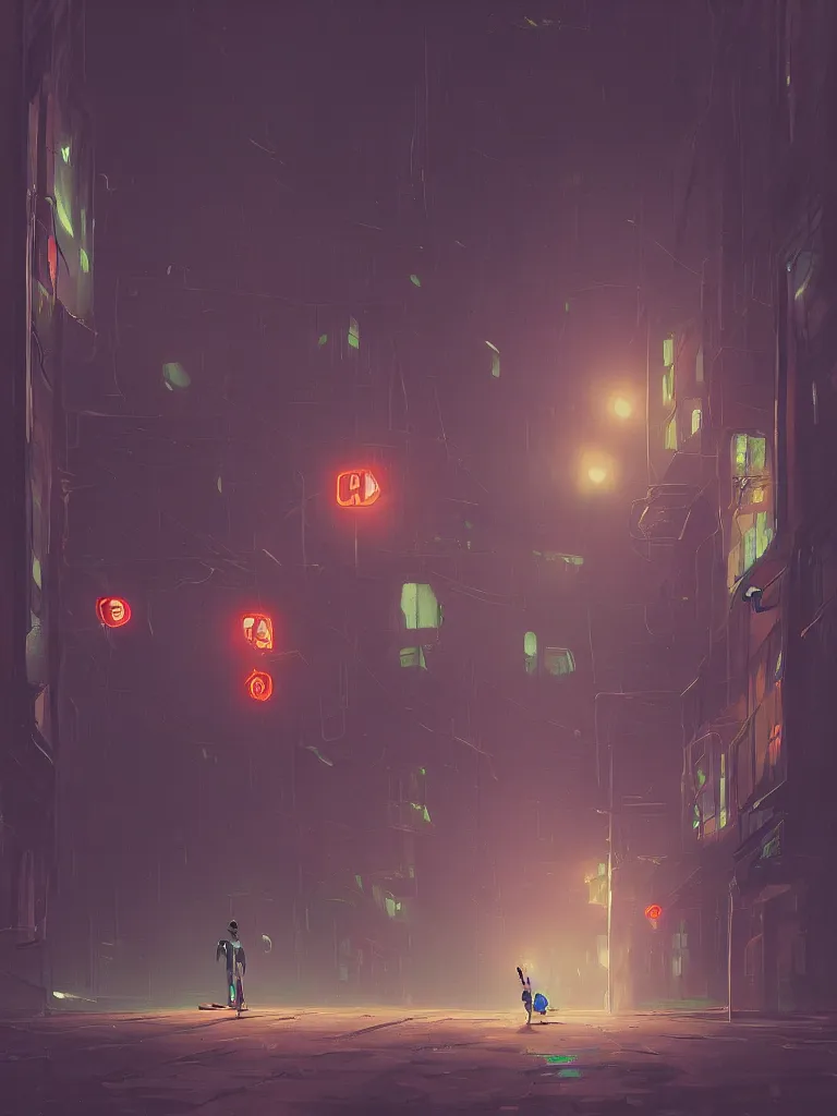 Prompt: a single little boy and a white rabbit in a dark alley city with neonlights by night a painting from stalenhag, 4 k, 8 k, hdr, artstation, concept art
