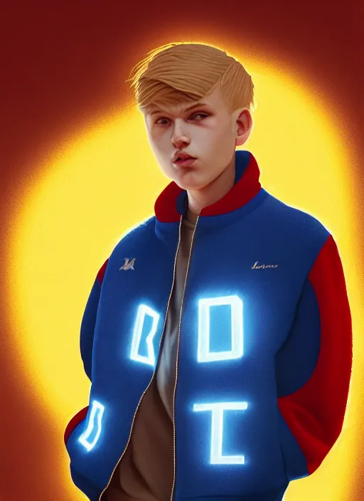 Image similar to portrait of high school senior boy named big moose, blonde short hair, jock, beefy, wide face, square jaw, square facial structure, blue varsity jacket with letter r, intricate, elegant, glowing lights, highly detailed, digital painting, artstation, concept art, sharp focus, illustration, art by wlop, mars ravelo and greg rutkowski