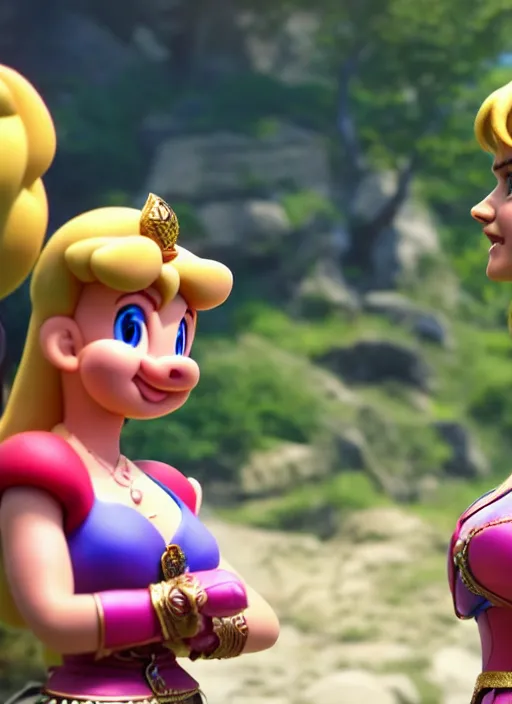 Prompt: a tv still of xena and princess peach, soft surface texture, photo, soft sun lights, 4 k, high detailed photography result, 5 0 mm lens, rich deep colors, smooth gradients, depth of field, cinematic, hyper realism, high detail, octane render, unreal engine 5, 8 k, vibrant colors