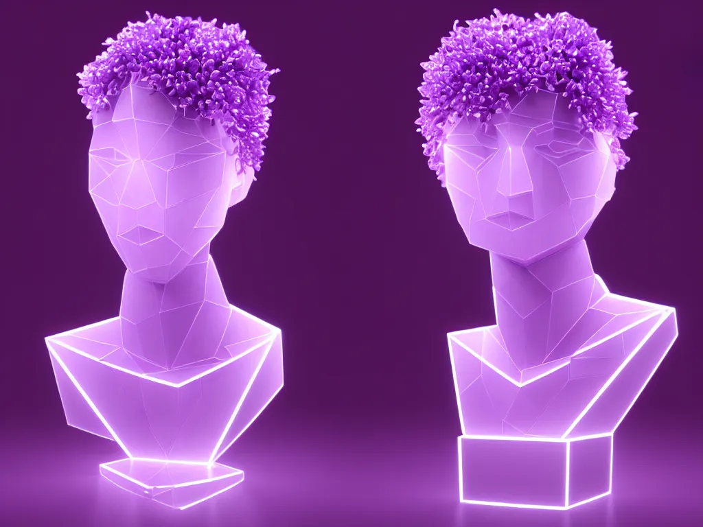 Image similar to beautiful mannequin sculpted out of amethyst by billelis + lit with purple 3 d geometric neon + chrome geometric cubed bonsai plants!!!!, doorway opening with neon pink geometric light, clean linework, dramatic, finely detailed, rule of thirds, moody, confident, award winning, 4 k, trending on artstation, photorealistic, volumetric lighting, octane render