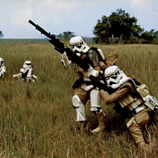 Image similar to star wars clone troopers combat soldiers in vietnam, photo, old picture, lush landscape, field, firearms, explosions, x wings, aerial combat, active battle zone, flamethrower, air support, jedi, land mines, gunfire, violent, star destroyers, star wars lasers, sci - fi, jetpacks, agent orange, bomber planes, smoke, trench warfare
