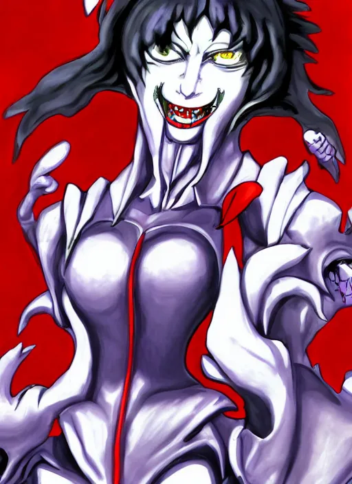 Image similar to shin megami tensei art of a demon called margaret thatcher, art by kazuma kaneko, demonic! compedium!, digital drawing, white background, high quality, highly detailed