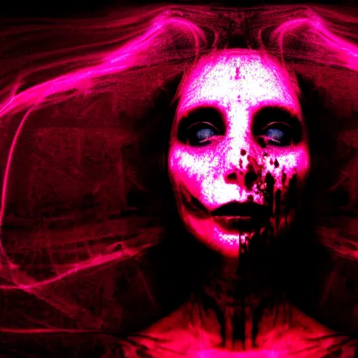 Image similar to a woman whos body is static losing frequency phasing out, dark eerie photo taken by digital hollywood, bleeding rich decaying colors!