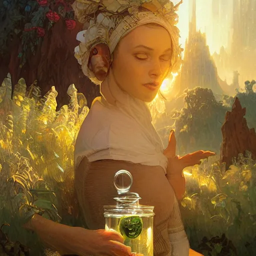Image similar to planet earth in a bottled jar, highly detailed, digital painting, artstation, concept art, smooth, sharp focus, illustration, cinematic lighting, art by artgerm and greg rutkowski and alphonse mucha