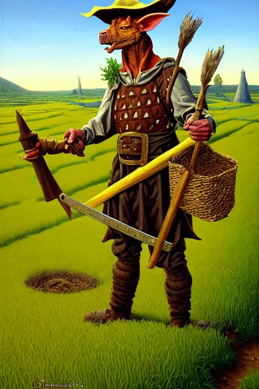 Prompt: classic oil painting, a medieval fantasy kobold that is dressed as a farmer, as a dnd character, on a field full of crops, cottagecore, highly detailed, digital illustration, concept art, smooth, sharp focus, art by tim hildebrandt, and greg hildebrandt