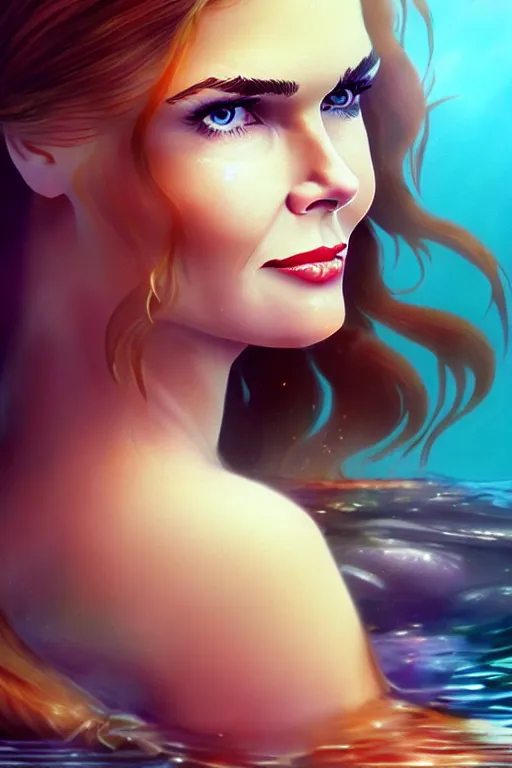 Image similar to mix of beautiful young maria shriver, mariel hemmingway, brooke shields, nicole kidman and elle macpherson as an underwater mermaid, thin lips, hair tied up in a pony tail, dark blonde hair, colorful, artstation, cgsociety