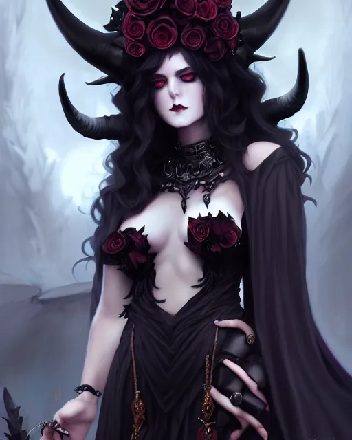 Image similar to dark sorceress in beautiful dress surrounded by black roses horns and skulls, cushart krenz, very detailed, realistic face, detailed face, matte, tonemapping, bbwchan, perfection, 4 k, cushart krenz