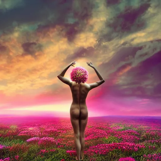 Image similar to A picture of a planet of various flowers, fungus and plants, in which the human figure is dressed in something magical and impressive, inside the picture is infinity, sunset light, Atmospheric phenomenon, artistic photography, muted colors, conceptual