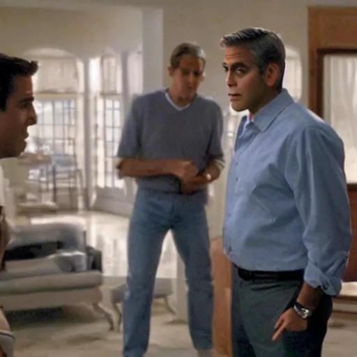 Prompt: George Clooney showing white blueprint to friends, movie scene, cinematic, highly detailed, sharp detail