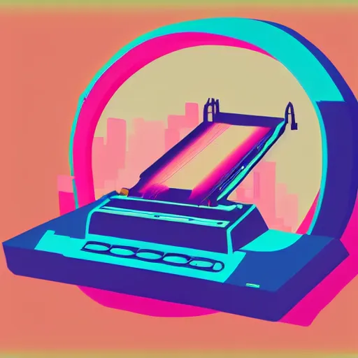 Image similar to flat synthwave illustration of a printer floating in space