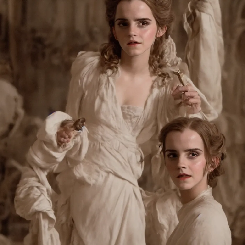 Prompt: closeup Emma Watson long hair flowing robes baroque room cinematic lighting stanley kubrick barry lyndon 4k