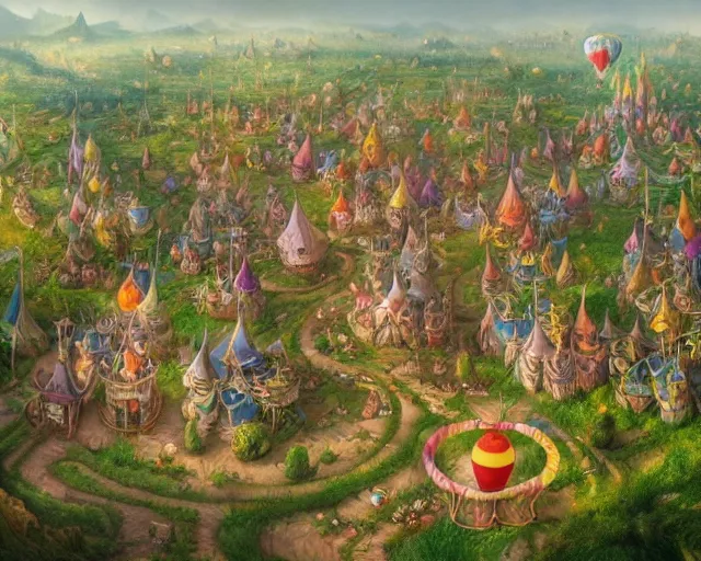 Image similar to fantasy clown village next to a balloon forest, aerial view, deep focus, d & d, fantasy, intricate, elegant, highly detailed, digital painting, artstation, concept art, matte, sharp focus, illustration, hearthstone, art by artgerm and greg rutkowski and laura sava and alphonse mucha