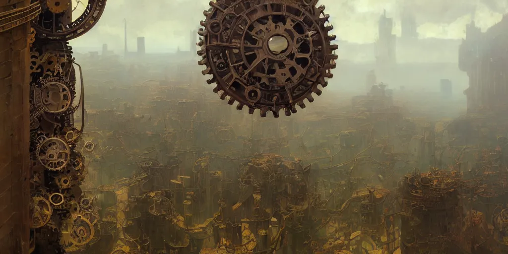 Prompt: giant gears floating in nothingness, clockwork, giant mechanisms, industry, villages castles, buildings vista artstation illustration sharp focus sunlit vista painted by ruan jia raymond swanland lawrence alma tadema zdzislaw beksinski norman rockwell tom lovell alex malveda greg staples