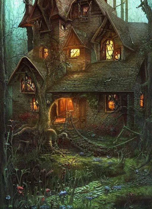 Image similar to hyper realistic homely ornate modern witch cottage far away in the woods gorgeous lighting, blue sky, highly detailed, lush forest by zdzisław beksinski and norman rockwell and greg rutkowskiweta studio, and lucasfilm