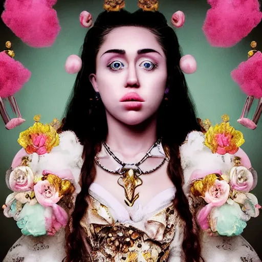 Image similar to “ 8 k, octane render, realism, tonalism, renaissance, rococo, baroque, portrait of miley cyrus wearing long - harajuku manga - dress with flowers and skulls, cotton candy!! ( background chaotic gold leaf flowers ) ”