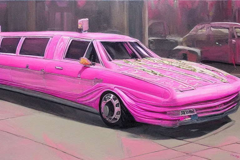 Prompt: a highly detailed pink stretch limo overflowing with cash, detailed painting by arturo faldi, trending on deviantart, octane, masterpiece