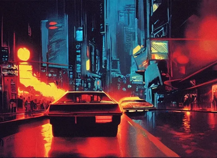 Prompt: a still from streets of fire ( 1 9 8 4 ), art by syd mead, very detailed, cinematic, high quality art,