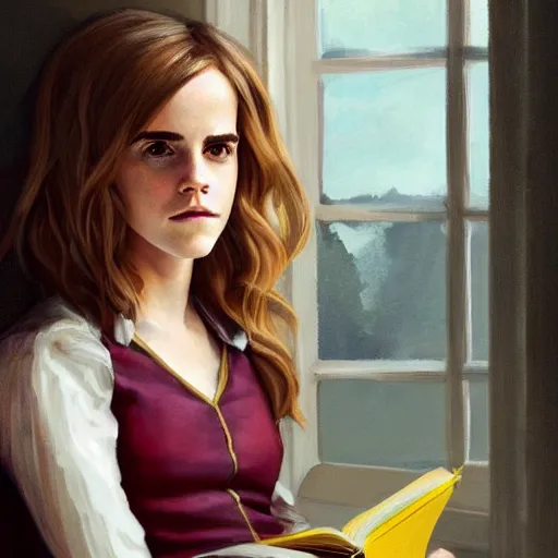 Prompt: portrait of Emma Watson as Hermione Granger sitting next to a window at Hogwarts reading a book, focused expression, golden hour, art by Kenne Gregoire, trending on artstation