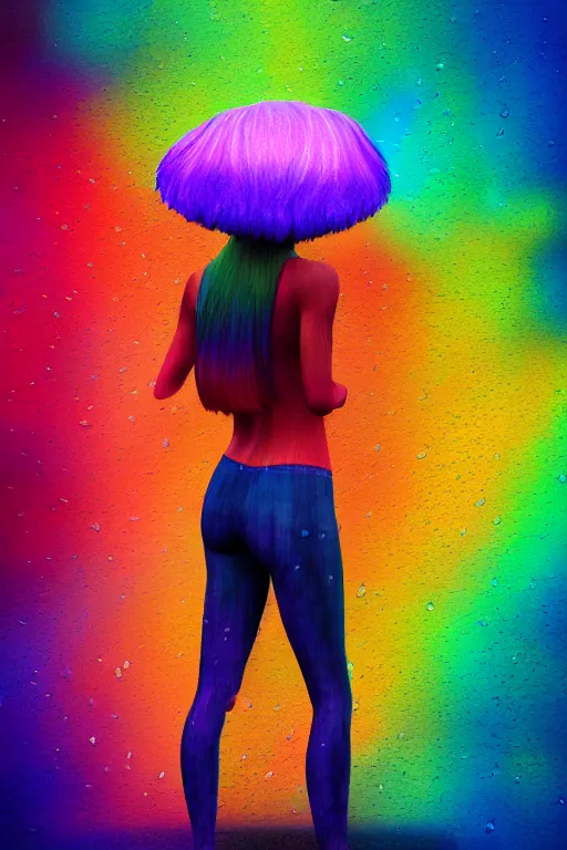 Prompt: a woman standing in the rain with rainbow hair, digital art, 8 k