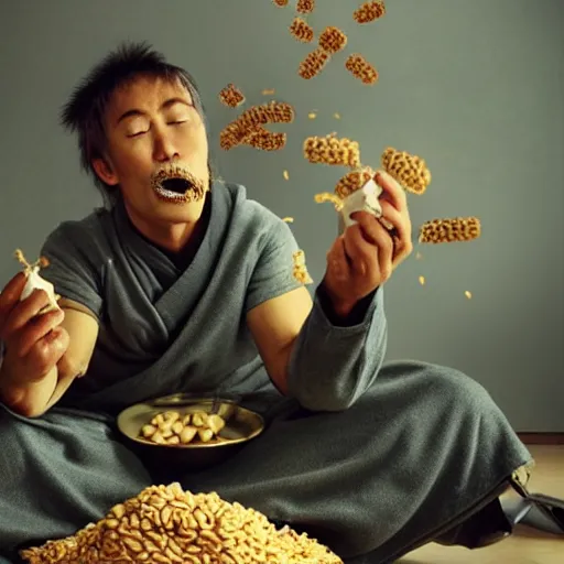 Image similar to battle weary samurai eating king wheat cereal as missiles fly above him