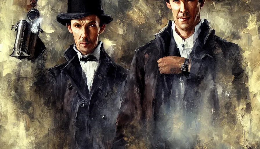 Image similar to wallpaper of sherlock holmes, oil painting by jama jurabaev, brush hard, artstation, for aaa game, high quality, brush stroke