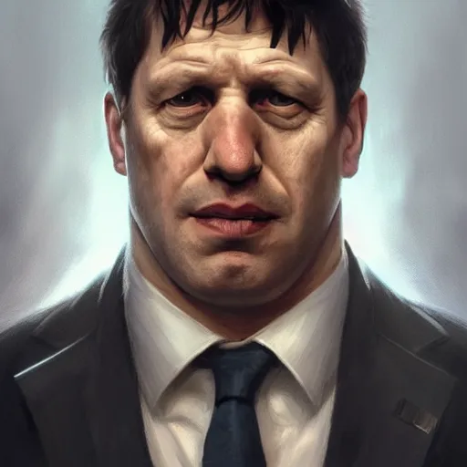 Image similar to Boris Johnson as Punisher, portrait, highly detailed, digital painting, artstation, concept art, sharp focus, illustration, cinematic lighting, art by artgerm and greg rutkowski and alphonse mucha