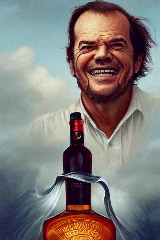 Prompt: imagine a ship in a bottle but instead of a ship a young jack nicholson is in the bottle, jack nicholson, fancy whiskey bottle, masterpiece painting by artgerm and greg rutkowski