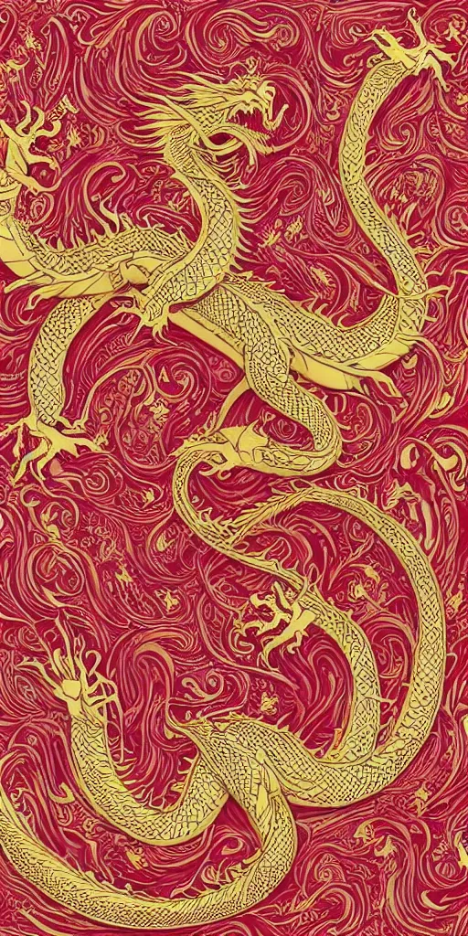 Image similar to golden paper + an intricate dragon depiction + symmetry + elaborate red illustration