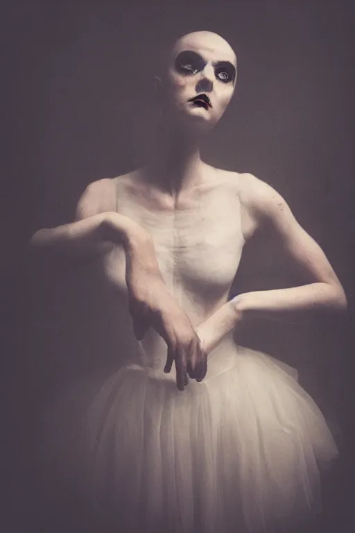 Image similar to dark ballerina, emil melmoth, portrait, concept art, deviantart, dark, 3 5 mm, chiaroscuro, surrealist, victorian, mist, dark