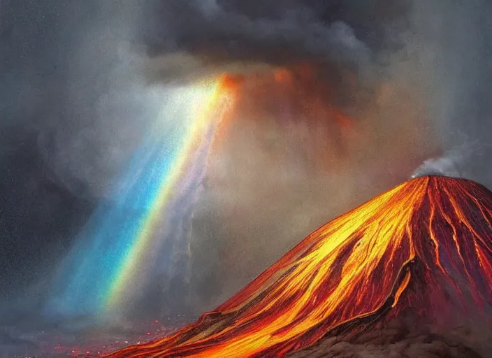 Prompt: rainbow from an erupting volcano at night, fantasy, intricate, elegant, highly detailed, digital painting, artstation, concept art, smooth, sharp focus, illustration, art by artgerm and H R Giger and alphonse mucha,