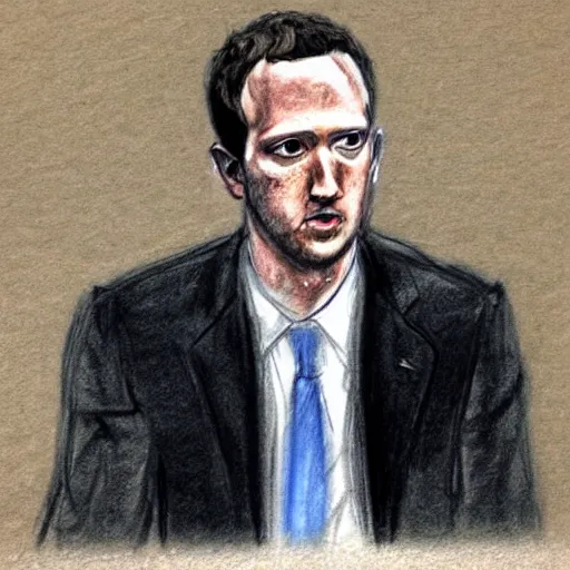 Prompt: courtroom sketch of mark zuckerburg being found guilty of crimes against humanity, courtroom sketch, pencil sketch