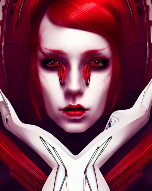 Prompt: red-haired cyberpunk beauty portrait, robotic couture, circuitry and electrical wiring, gorgeous cyborg mechanical art, by Artgerm and WLOP, artstation, black red ink smoke