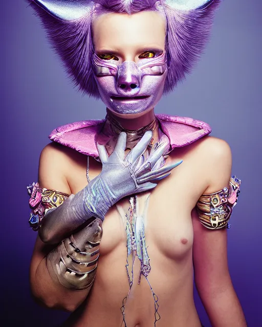 Image similar to natural light, soft focus portrait of a cyberpunk anthropomorphic cat with soft synthetic pink skin, blue bioluminescent plastics, smooth shiny metal, elaborate ornate head piece, piercings, skin textures, by annie leibovitz, paul lehr