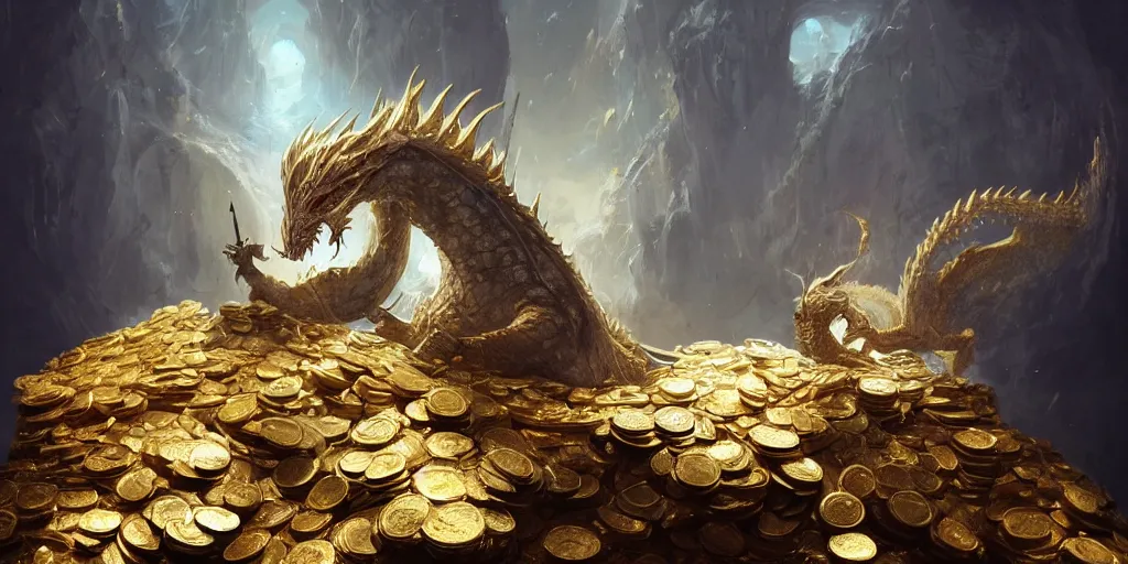 Prompt: concept art of a white scaled dragon laying on a mountain of golden coins and precious jewels inside a dark castle, medieval, dark concept art, jewels, gold, painting by wlop, nixeu and greg rutkowski, beautiful, semirealism, artstation, octane render, sharpness, 8 k, golden ratio