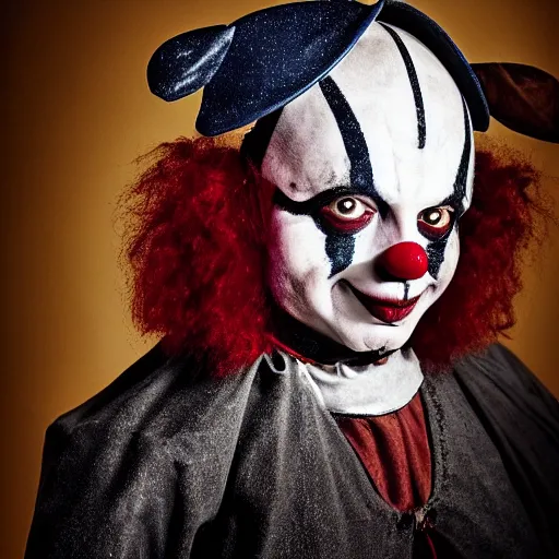 Image similar to stunning beautiful portrait photography of a medieval clown from national geographic magazine award winning, dramatic lighting, taken with Sony alpha 9, sigma art lens, medium-shot